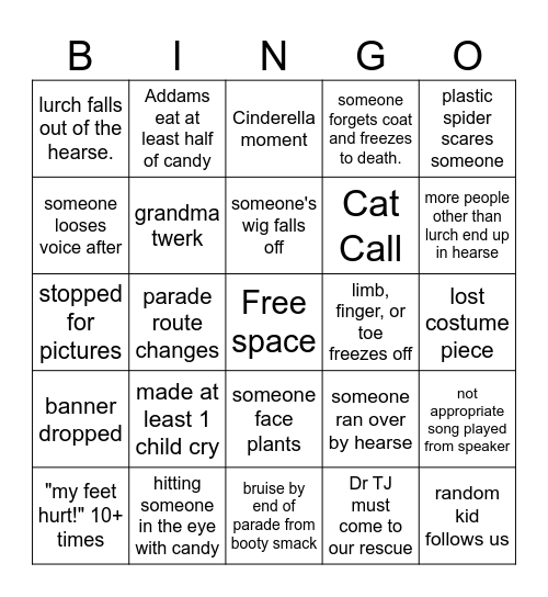 Addams Christmas parade predictions Bingo Card