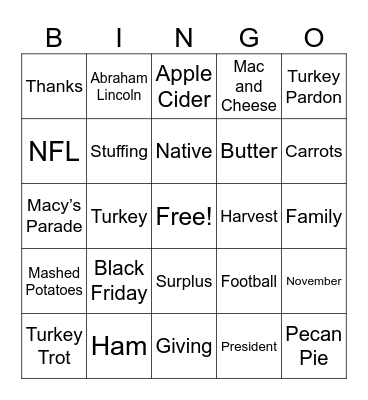 Thanksgiving Bingo Card