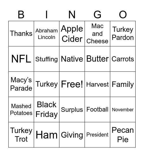 Thanksgiving Bingo Card