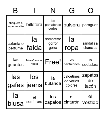 Spanish Clothes Bingo Card