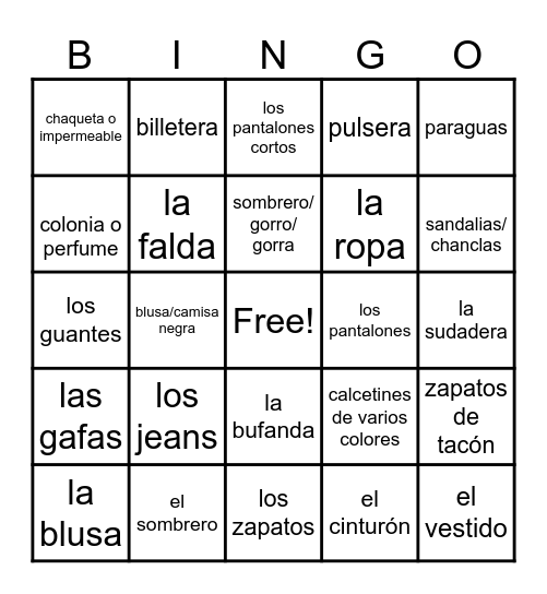 Spanish Clothes Bingo Card