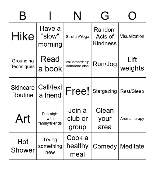 Self Care Bingo Card
