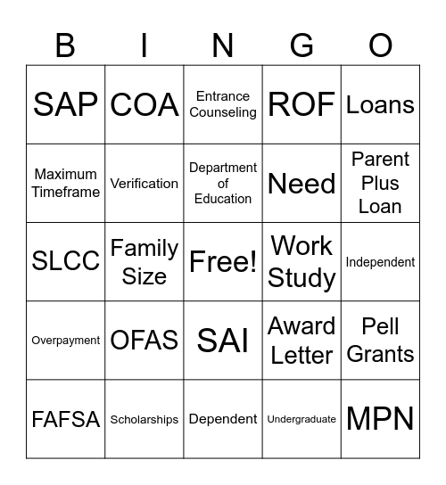 SLCC Financial Aid Bingo! Bingo Card