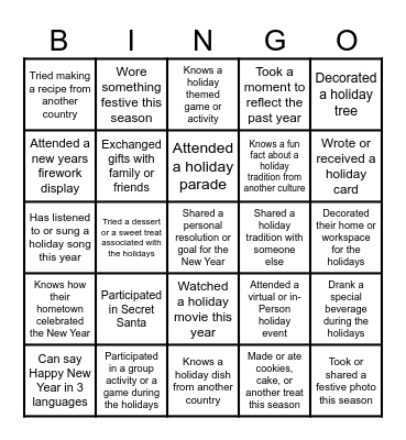 Virtual Holiday Bingo Card