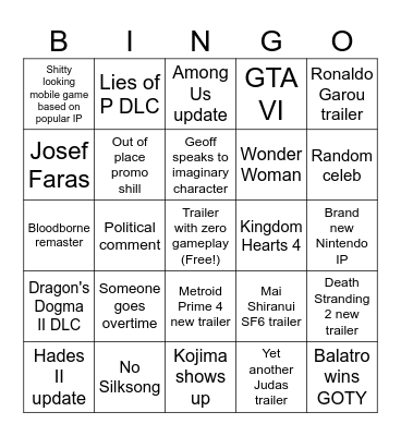 Game Awards 2024 Bingo Card