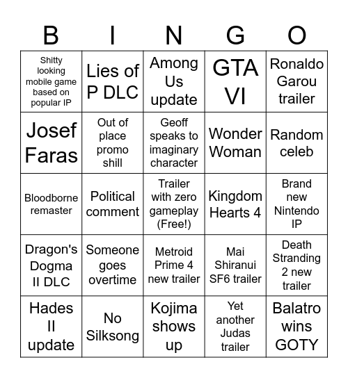 Game Awards 2024 Bingo Card