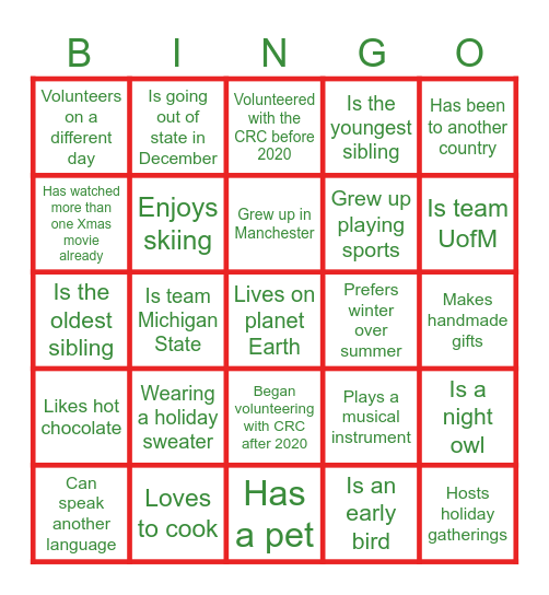 CRC Holiday Bingo: Find someone who.... Bingo Card