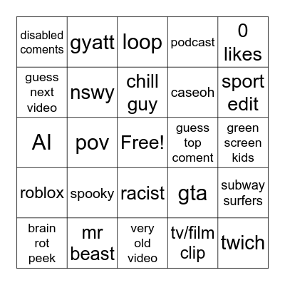 youtube shorts Bingo Card