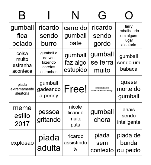 gumball Bingo Card