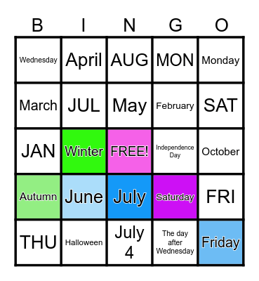 Calendar Bingo Card