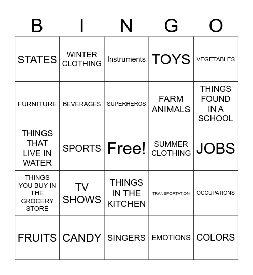 CATEGORY Bingo Card