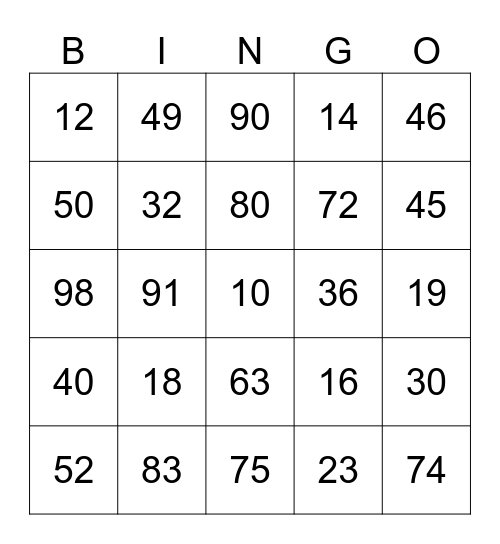 Numbers BINGO Card