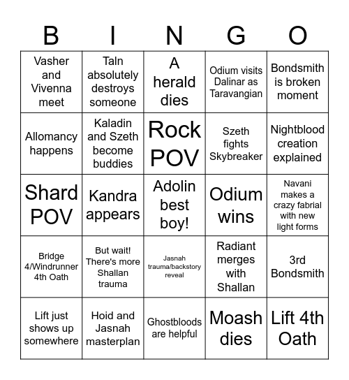 Wind and Truth Bingo Card