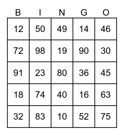 Numbers BINGO Card