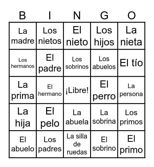 Capítulo 5 --- Vocabulario 1 --- Familia Bingo Card