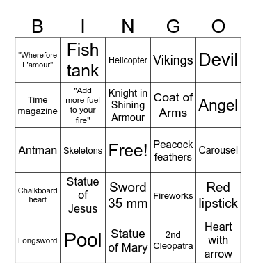 Romeo and Juliet Movie Bingo Card