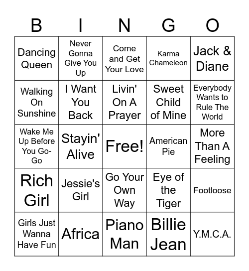 70's & 80's Bingo Card