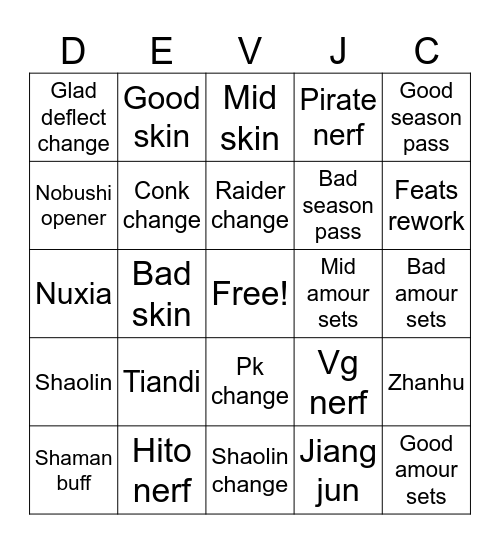 Dev stream bingo Card