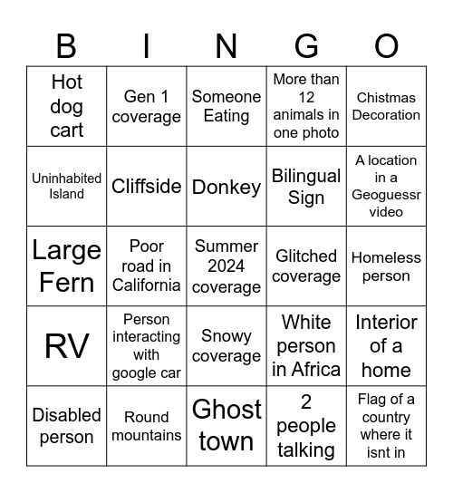 Google Street View Bingo Card