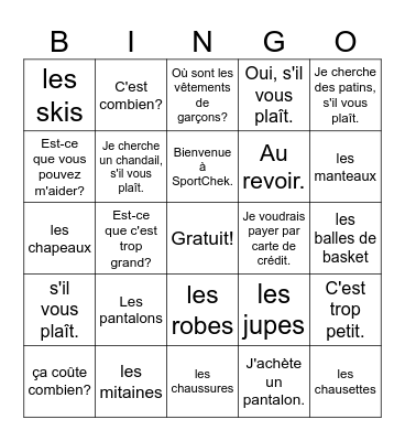 le shopping/les vêtements Bingo Card