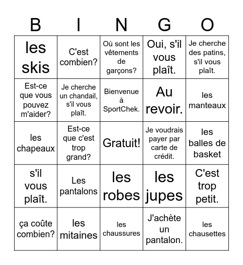 le shopping/les vêtements Bingo Card