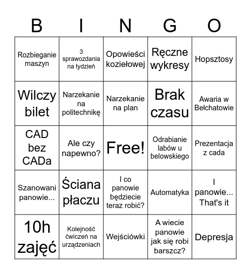 Bingo Politechniczne v1 Bingo Card