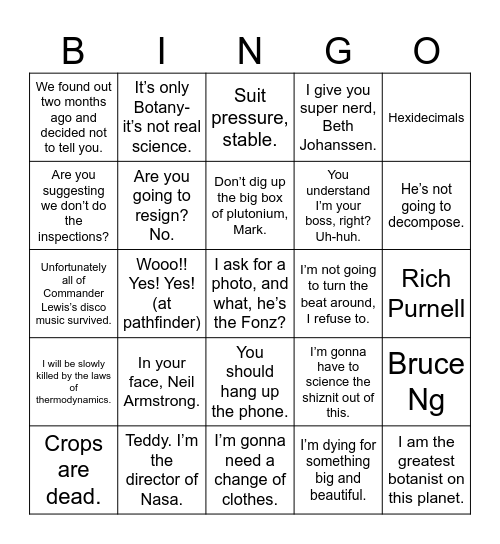 The Martian Bingo Card