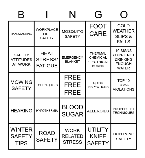 PARKS SAFETY MEETINGS Bingo Card