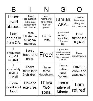 Jack & Jill Associates' BINGO Card