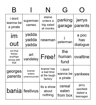 Seinfeld bingo 2024 Bingo Card