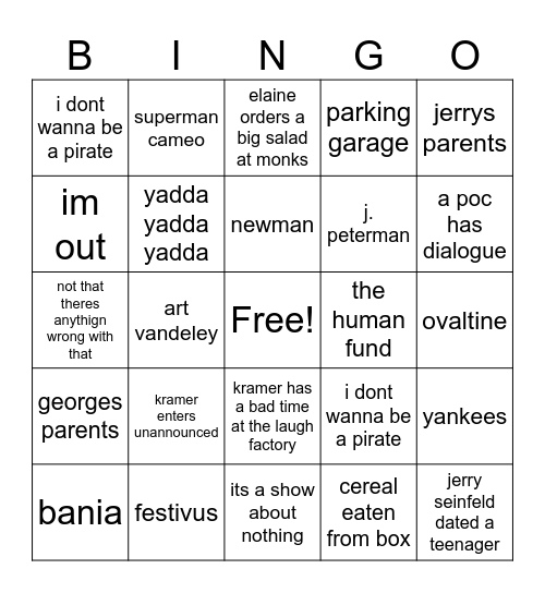 Seinfeld bingo 2024 Bingo Card
