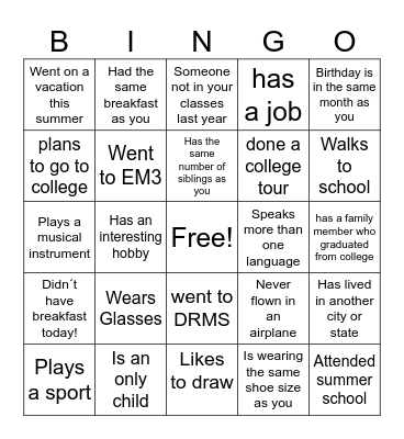 High School Classmate Bingo Card