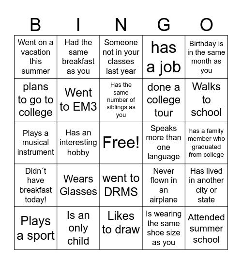 High School Classmate Bingo Card