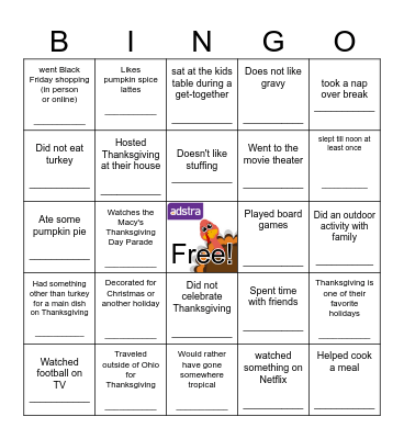 Thanksgiving BINGO Find Someone Who... Bingo Card