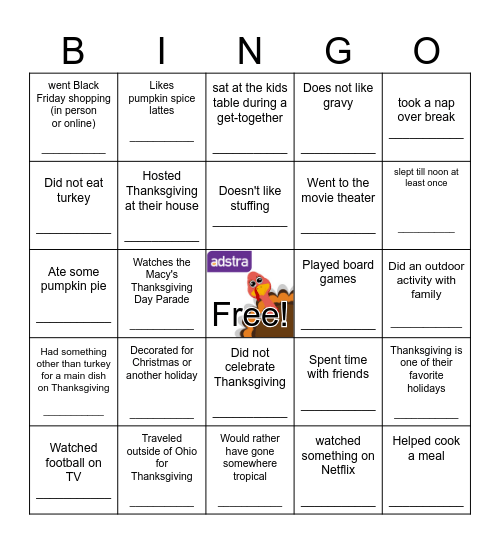 Thanksgiving BINGO Find Someone Who... Bingo Card