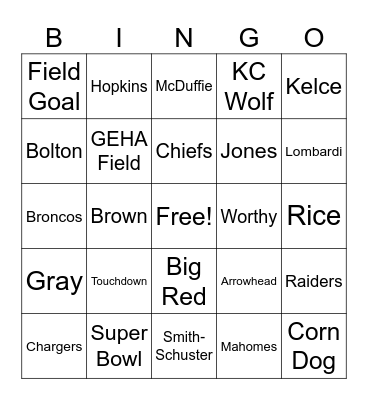 Chiefs Bingo Card