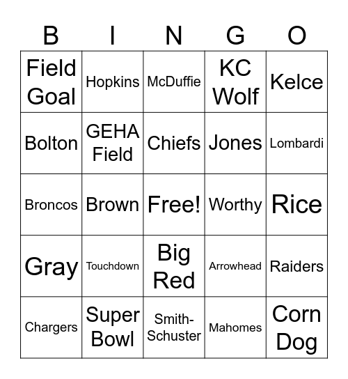 Chiefs Bingo Card