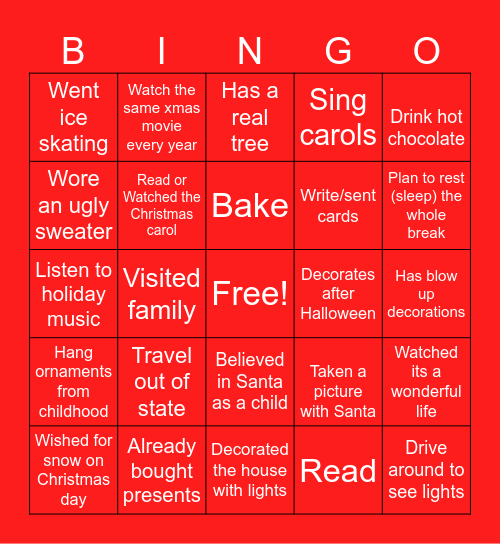 Winter Break BINGO Card