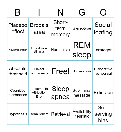 PSYC 1301 Final Review Bingo Card