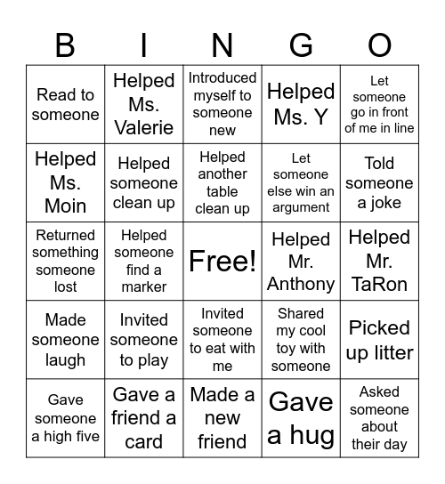 Charitable Giving Bingo Card