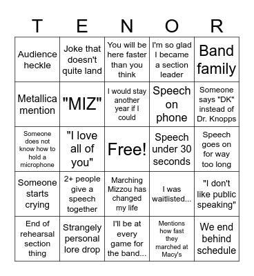 Marching Mizzou 2024 Senior Speeches Bingo Card
