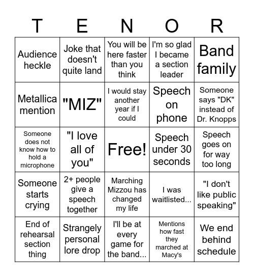 Marching Mizzou 2024 Senior Speeches Bingo Card