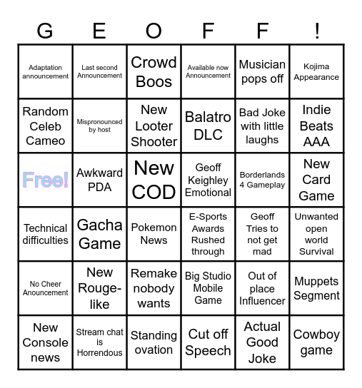 Game Awards Bingo Card