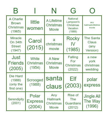 Christmas Movie Bingo Card