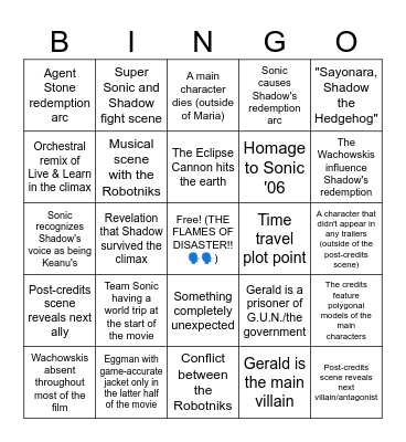 Sonic Movie 3 Bingo Card