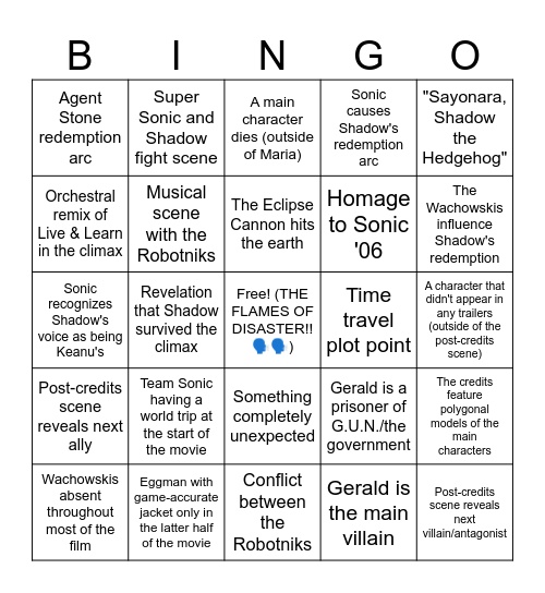 Sonic Movie 3 Bingo Card