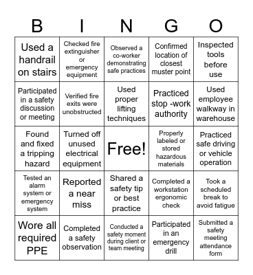 Safety Bingo Card