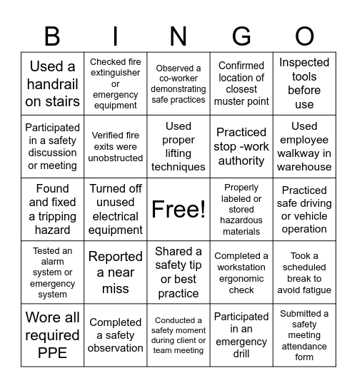 Safety Bingo Card