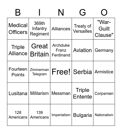 WWI Bingo Card