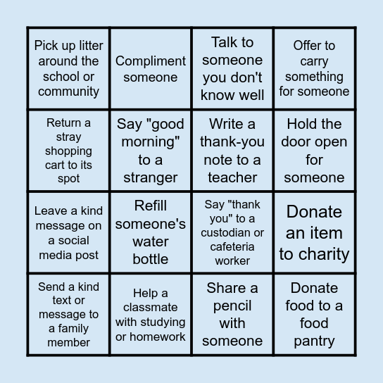 December Kindness Challenge Bingo Card